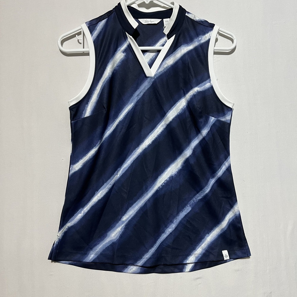 Lady Hagen Golf Top Women's XS Navy Blue Shibori Striped Split Neck Sleeveless